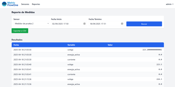 Pantalla de MetricFlowOne con el reporte de medidas de un medidor de prueba
