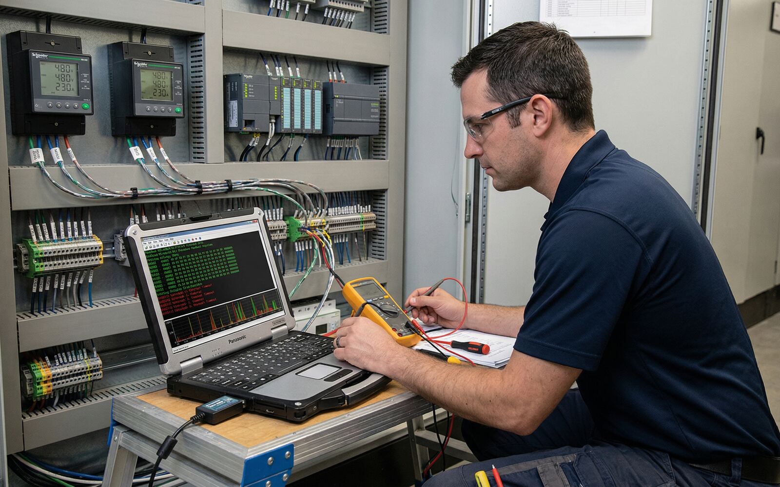 Técnico revisando la comunicación Modbus de los medidores de un tablero eléctrico con un notebook y un multímetro